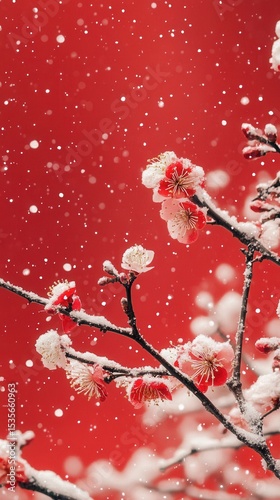 Snow-covered Blossoms Against a Vibrant Red Background