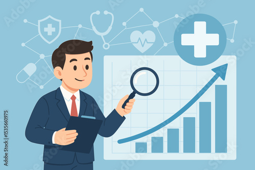 Healthcare growth analysis vector illustration. Businessman or analyst with magnifying glass examining financial data chart. Medical business, health insurance, and medicine progress concept.