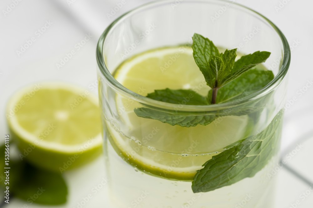 Fototapeta premium Close up of a glass of lime water with mint leaves and a lime half on a white surface
