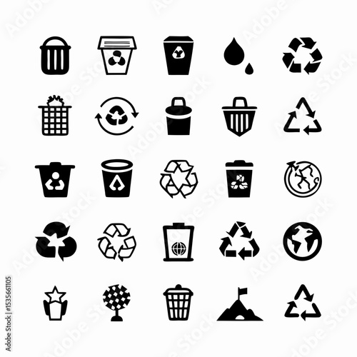 Create a set of diverse, colorful icons representing various recyclable and non-recyclable waste materials.  Include clear visual representations for easy understanding.
