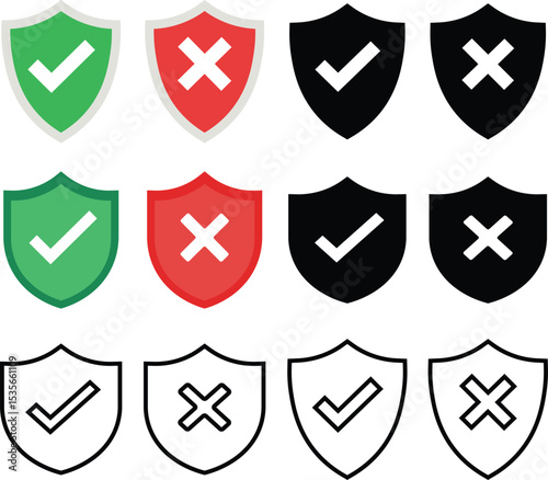 Shield icons featuring check marks and crosses representing approval and rejection in various styles
