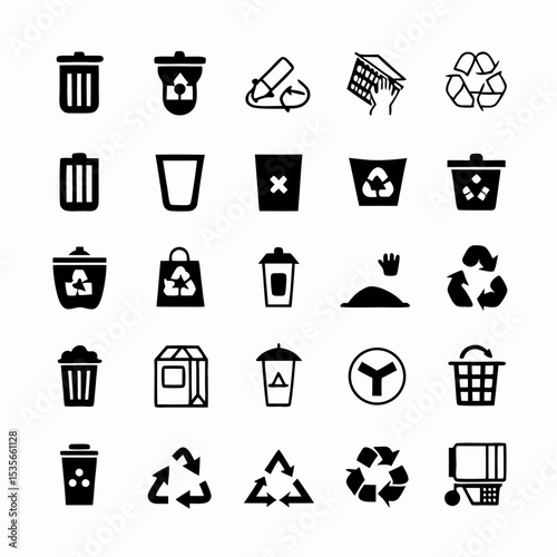 Create a set of vibrant, diverse icons representing various recyclable and non-recyclable waste materials for a recycling awareness campaign.