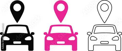 Vector illustration of cars featuring location pins showing car navigation and vehicle tracking.