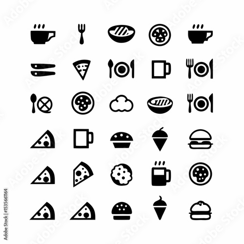 Design a set of appealing restaurant menu icons, including food, drinks, and cutlery symbols, in a clean, modern style suitable for digital use.