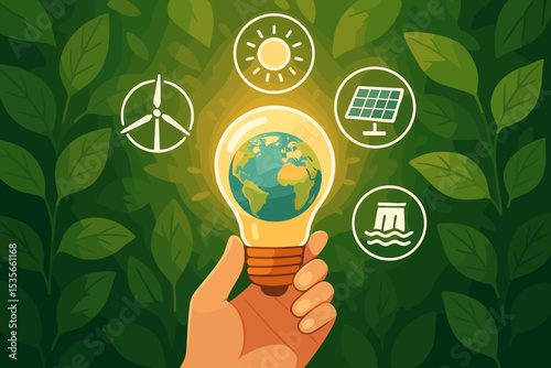 Eco energy concept with hand holding lightbulb Earth. Renewable sources like solar, wind, and hydro power. Green technology for environmental sustainability and conservation idea.