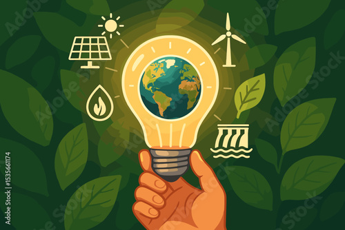 Eco energy concept illustration with glowing light bulb holding Earth globe and renewable power icons including solar panel, wind turbine, hydroelectric dam, green leaf, and clean energy symbols