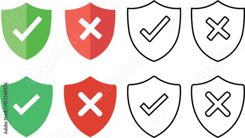 Vector illustration of a shield with check mark and cross mark in approval and denial