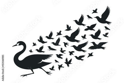 Black Silhouette of a Swan Walking with a Flock of Birds Flying Behind it on a White Background Simple Vector Illustration