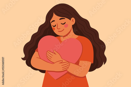 Self-love concept. Happy woman gently embracing a big pink heart. Illustration for mental health, self-care, emotional wellness and compassion. Love yourself psychology concept.