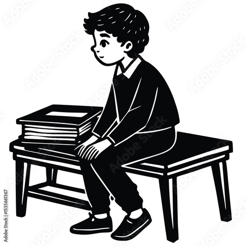 Boy sitting on bench with stack of books