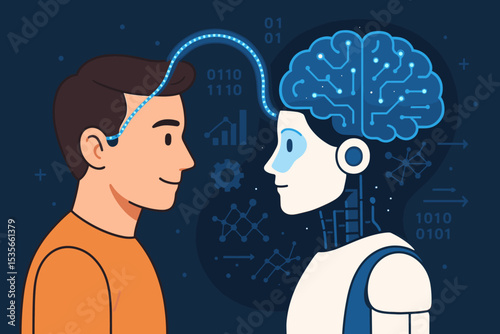 Human mind integration with artificial intelligence. Man and robot connection concept. Brain computer interface, data transfer, future technology and machine learning symbiosis.