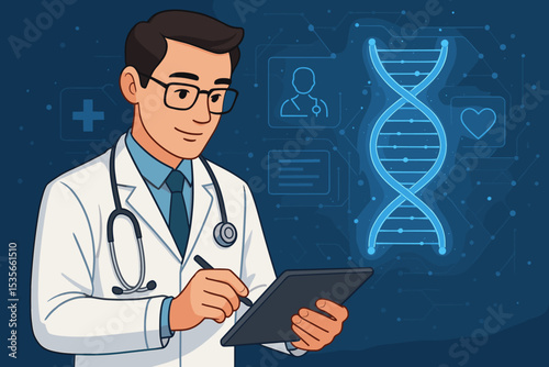 Doctor with tablet on futuristic medical interface background. Healthcare technology concept with glowing DNA helix. Telemedicine, genetics, and electronic health record cartoon vector.