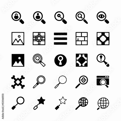 Design a vibrant, modern icon set representing a search engine and relevant keywords, emphasizing digital search technology.