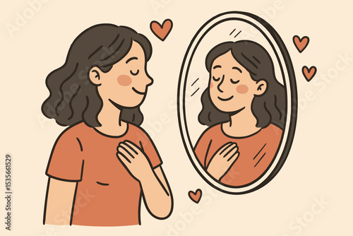 Cute woman looking at her reflection in mirror. Self-love, self-care, acceptance concept. Vector illustration for mental health, wellbeing, body positivity, positive affirmations.