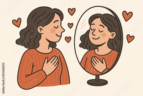 Self love and self acceptance concept. Happy woman looks at her positive reflection in the mirror. Mental health, psychology, and self-care. Body positivity vector illustration.