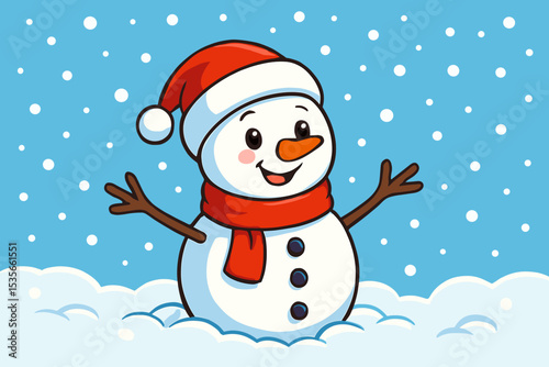 Cute smiling snowman cartoon character in winter snow landscape with snowfall. Happy festive figure wearing Santa hat and scarf for Christmas or New Year holiday greeting card.