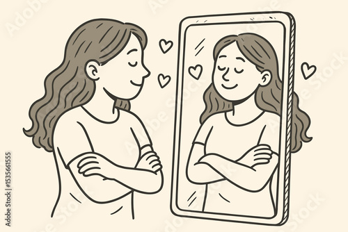 Self-love and self-acceptance vector concept. Happy confident woman looks at her smiling reflection in the mirror. Mental health, psychology, positive body image, and self-care.
