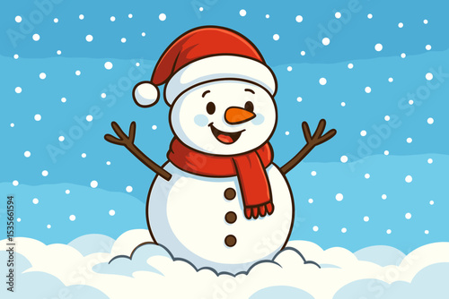 Cute cartoon snowman with red Santa hat and scarf smiling in the winter snow. Happy Christmas character illustration for holiday greeting card. Cheerful festive vector design.