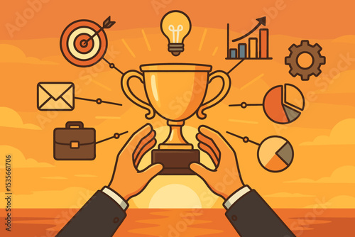 Business success concept. Hands holding a gold trophy. Victory award for career achievement. Strategy icons for goal setting, innovation, growth chart, data analysis, and planning.