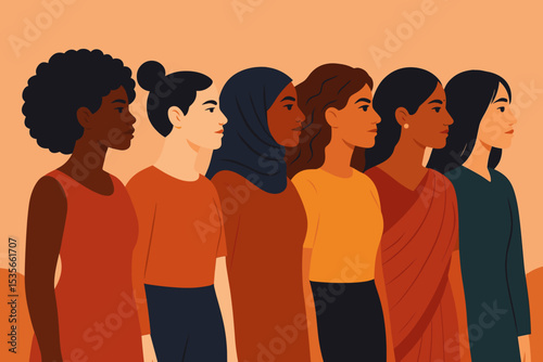 Group of diverse women standing together in solidarity. Sisterhood, female empowerment and unity concept. Multicultural illustration for feminism and International Women's Day.