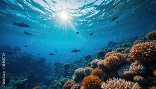 Underwater View Of Coral Reefs With Sunlight And Blue Ocean Water Showing Vibrant Marine Life	
