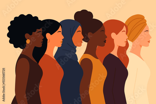 Diverse women standing together. Multiethnic, multicultural group. Concept of female solidarity, sisterhood, unity and empowerment. Feminism vector illustration. Women's rights.