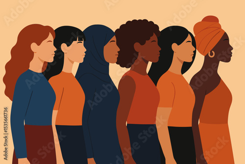 Diverse women standing together in a line. Multi-ethnic group united for sisterhood, feminism, and empowerment. Concept of female solidarity, equality, and women's rights.