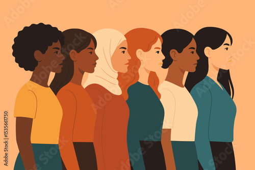 Group of diverse women standing together in solidarity. Multicultural females in profile view. Concept for sisterhood, unity, feminism, empowerment and International Women's Day.