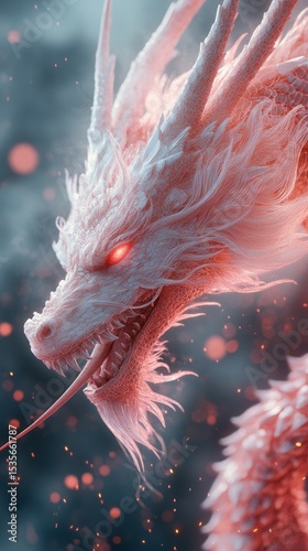 A majestic pink dragon with glowing red eyes and intricate scales, set against a mystical background.