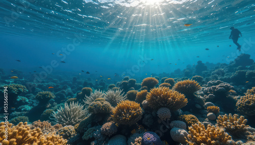 Underwater View Of Coral Reefs With Sunlight And Blue Ocean Water Showing Vibrant Marine Life	
