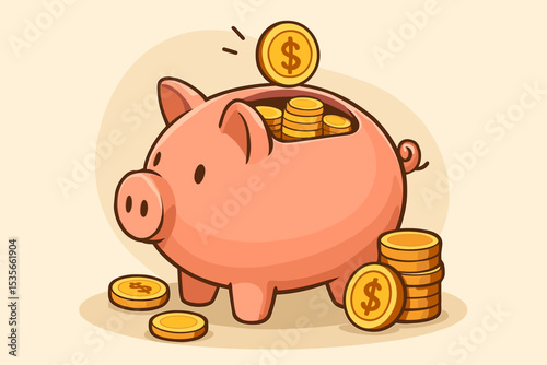 Cute piggy bank with falling gold dollar coins concept. Saving money for the future, investment, and financial planning. Wealth accumulation, banking deposit, and budget icon.