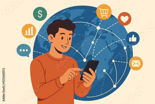 Man using smartphone for global connection. Concept of digital age, social media, and e-commerce. Online world with icons for shopping, finance, communication, and data analytics.