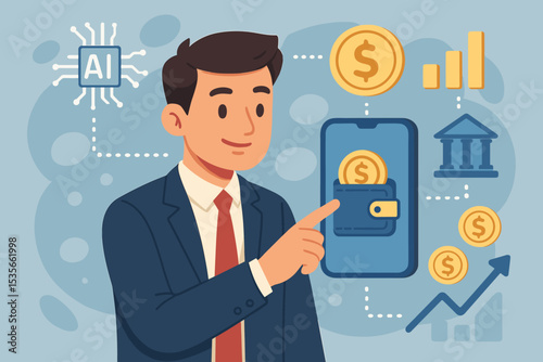 AI in digital banking concept. Businessman with smartphone using mobile payment app. Fintech, e-wallet, online investment, financial technology, money management, and economy growth.