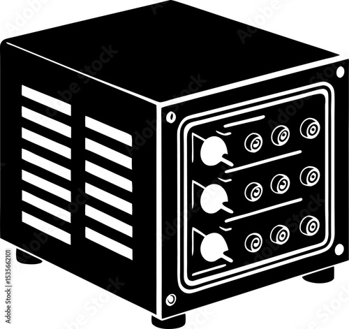 "Silhouette of a desktop power supply unit with knobs" on a white background