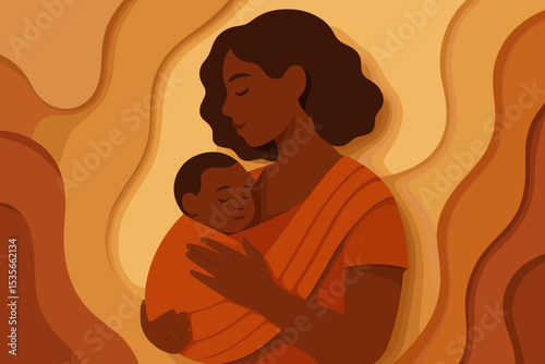 Black mother holding her sleeping baby in a sling. Paper cut illustration of a loving embrace. Motherhood, family bond concept. African american mom and child vector graphic.