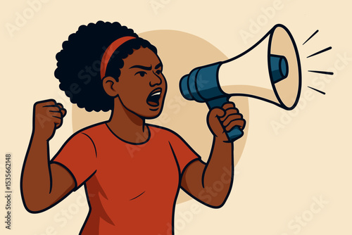 Angry Black woman activist shouting in megaphone. Protest, revolution concept. Female with raised fist fighting for rights. Social justice, feminism, freedom, empowerment vector.