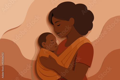 Black mother holding her sleeping baby in a sling. African American woman embracing her newborn child. Mother's day paper cut illustration. Concept of love, family, and care.