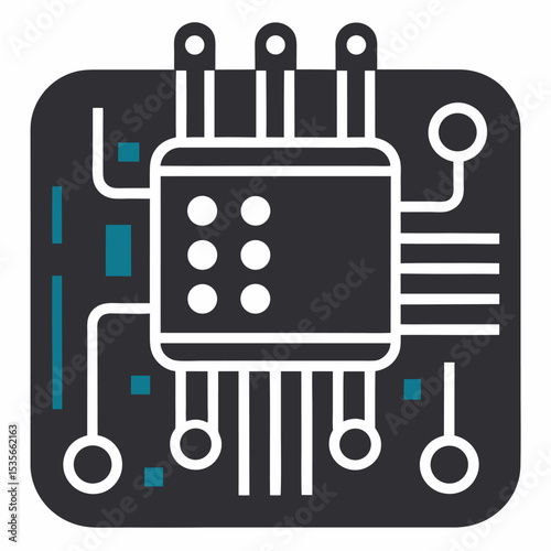"Solid silhouette of a circuit board with visible ports and pins" on a white background