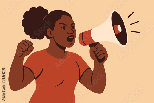 Black woman activist shouting in a megaphone with raised fist. Concept for protest, social justice, feminism, empowerment, revolution. Female protester fighting for rights vector.