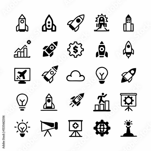 Design a set of vibrant, modern icons representing a successful startup launch; include elements symbolizing growth, innovation, and teamwork.