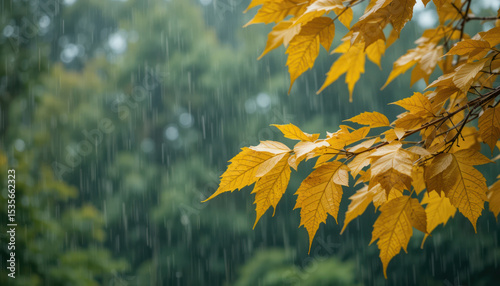 Autumn Rain Falling On Yellow Leaves With Blurry Green Trees In Background	
