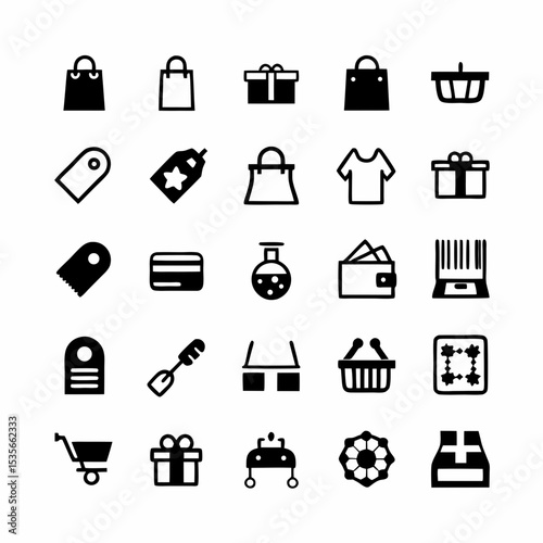 Design a comprehensive icon pack depicting various store and retail elements, including shopping bags, carts, tags, payment methods, and storefront symbols.