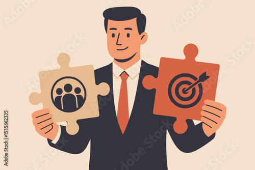 Businessman connecting team and goal puzzle pieces. Business strategy concept for success. Manager aligning employees with company mission. Teamwork and target achievement vector.