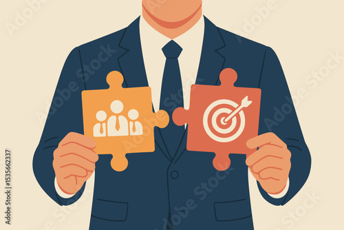 Teamwork and goals connection concept. Businessman holding puzzle pieces with team and target icons. Metaphor for business strategy, partnership, synergy, and mission success.