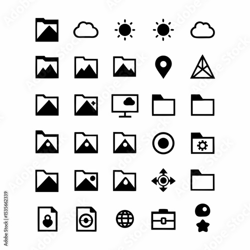 Design a set of diverse, modern icons representing various types of data storage and memory, including cloud storage, hard drives, flash drives, RAM, and ROM.