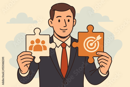 Businessman connects puzzle pieces, linking team and goal. Metaphor for business strategy, alignment, and vision. Teamwork, collaboration, and mission achieve success.