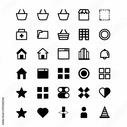 Design a set of minimalist icons depicting a storefront, shelves with products, and perhaps a simple shopping bag.  Focus on clean lines and a modern aesthetic.