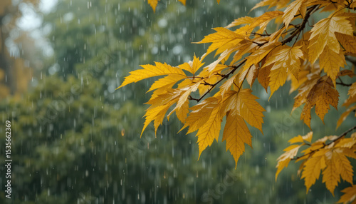 Autumn Rain Falling On Yellow Leaves With Blurry Green Trees In Background	
