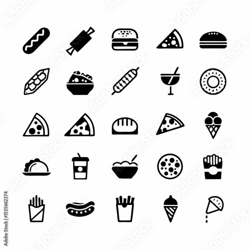 Design a vibrant icon pack depicting diverse global street food, including tacos, ramen, kebabs, and more;  ensure each icon is easily recognizable and visually appealing.