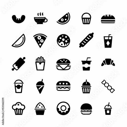 Design a vibrant icon pack depicting diverse street food items.  Include detailed illustrations,  with a focus on global cuisine.